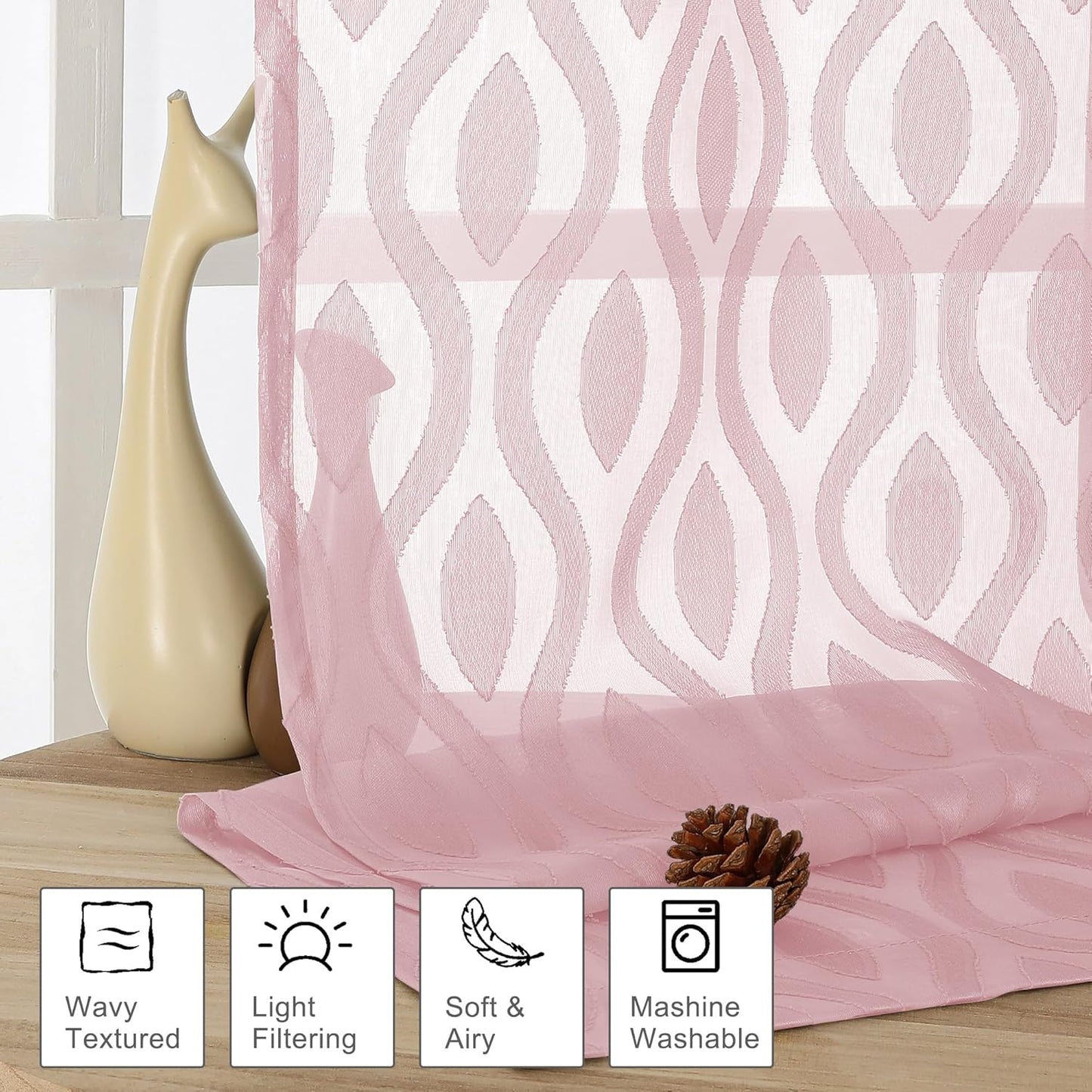 Aiyufeng Blush Pink Curtains Tiers 36 Inch Length 2 Panels Set, Airy Lightweight Clip Jacquard Window Curtians, Modern Wavy Line Textured Voile Sheer Curtains for Small Windows, 40" Wx36 L Inch