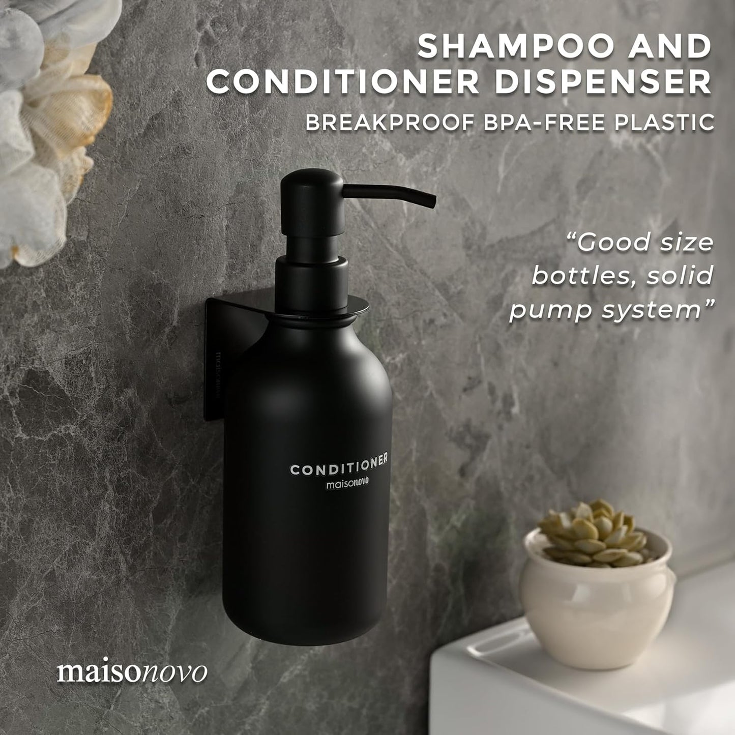 MaisoNovo Shampoo and Conditioner Dispenser - Shower Soap Dispenser Wall Mounted - 16.9 fl oz Set of 1 Black Plastic Bottles Black Pump - 1 Chamber No Drill