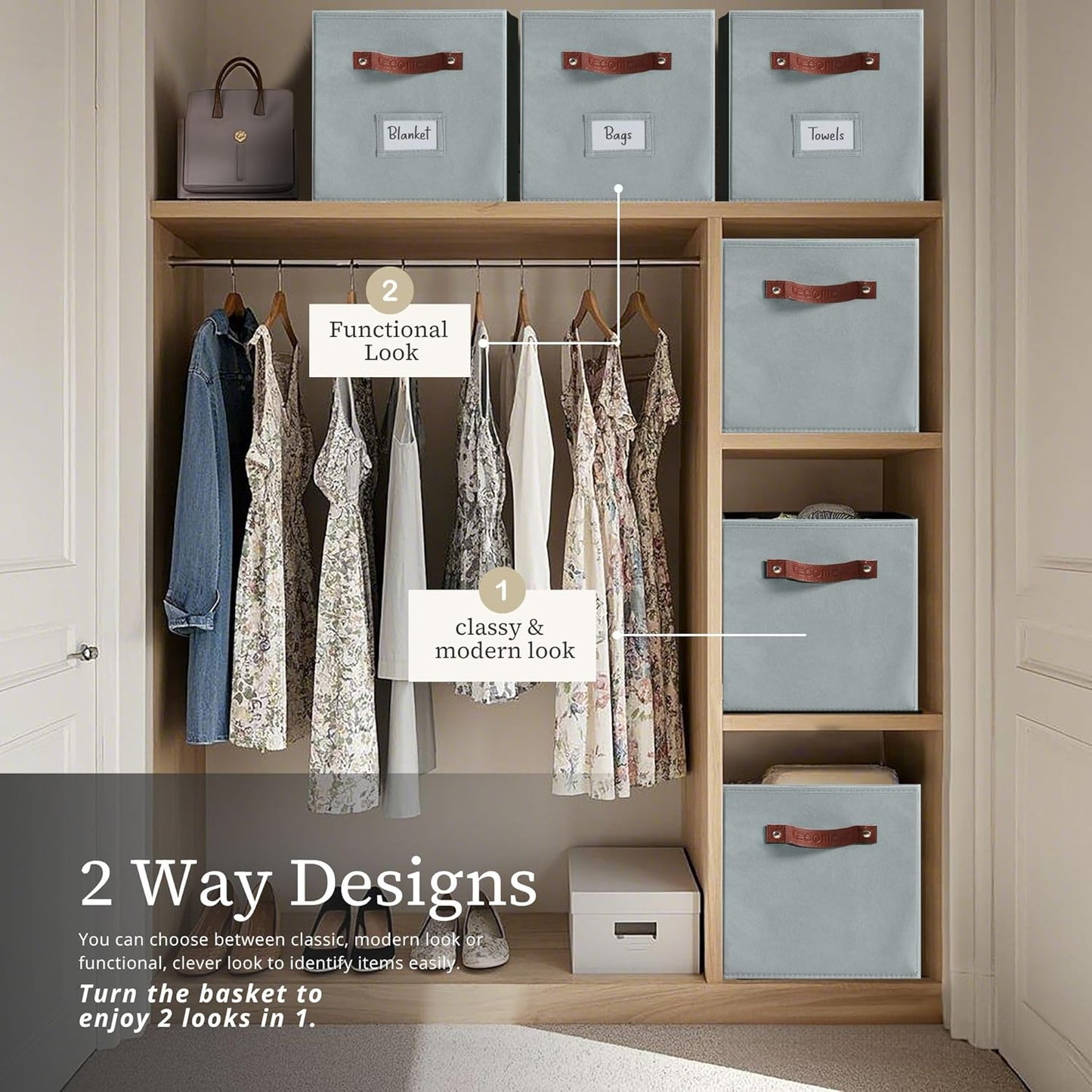 DECOMOMO Storage Baskets, 13x15x13 Storage Cube Bins with Labels for Organizing Shelves Kallax (Kallax / 4pcs, Grey)