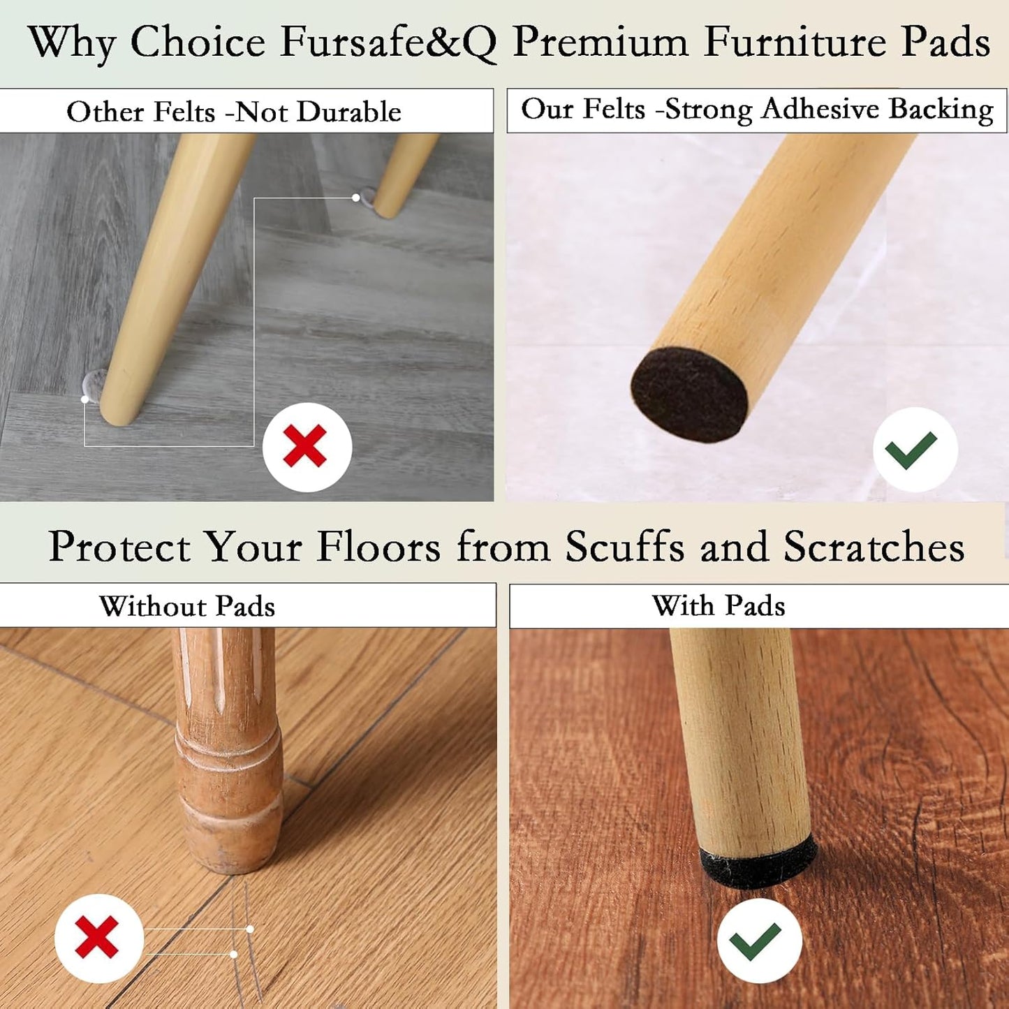 Fursafe&Q Felt Furniture Pads, Furniture Felt Pads for Hardwood Floors -Self Adhesive Chair Leg Floor Protectors, Protect from Nicks, Dents and Scratches, Chair Feet Protectors 136 Pcs Chair Feet