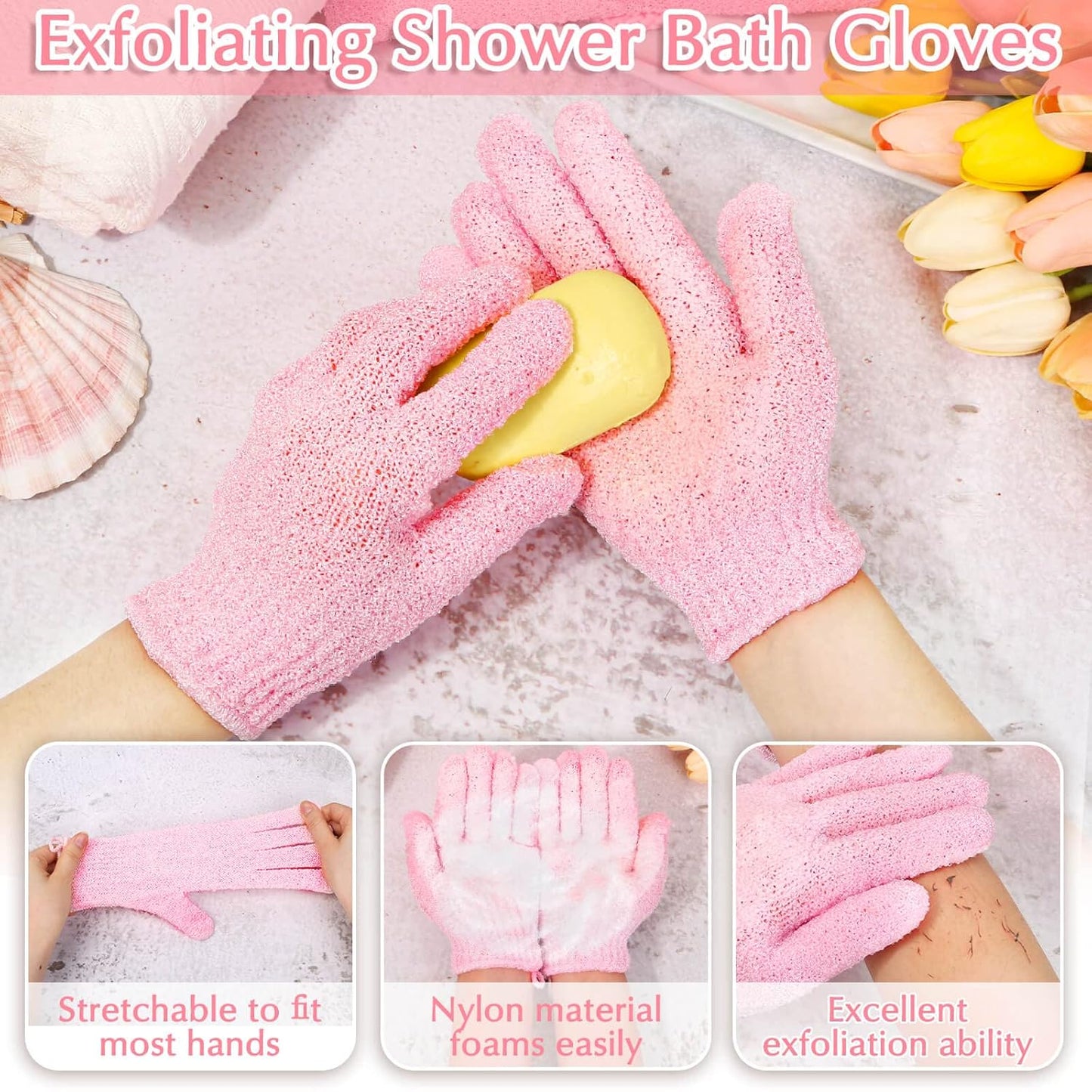 Anezus Exfoliating Shower Bath Gloves Back Scrubber Set for Body, Face, Shower, Bath, Scrub and Exfoliator (Pink)