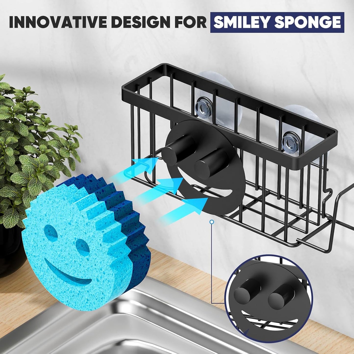 Sponge Holder for Kitchen Sink,Sink Caddy Smiley Face,4-in-1 Sponge Holder with Suction Cups & 1 PCS Adhesive Strips for Holding Soap,Brush,Scrubber,Sponge,Stopper-Black