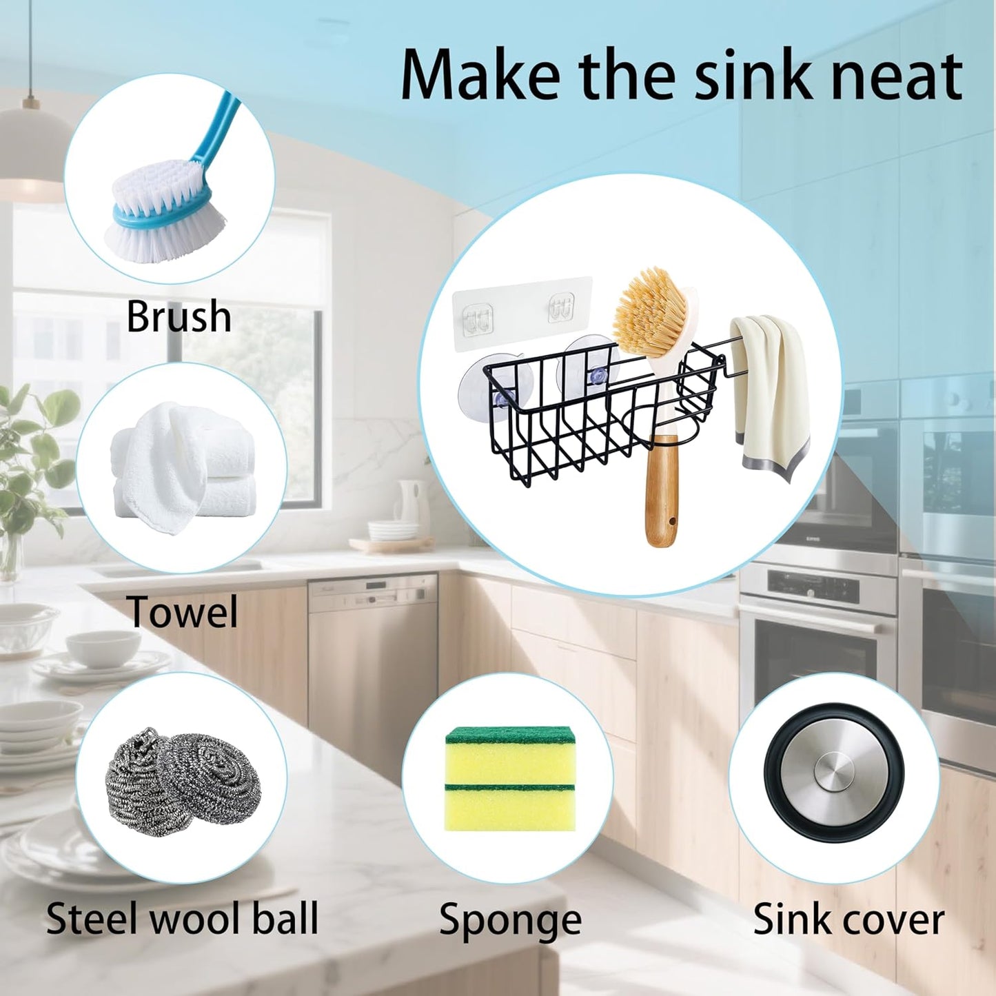 Sponge Holder with Dish Cloth Hanger for Kitchen Sink, In-sink Caddy Organizer with Suction Cups & Adhesive Strips, Rustproof Sponge Rack for Soap, Brush, Scrubber - Black
