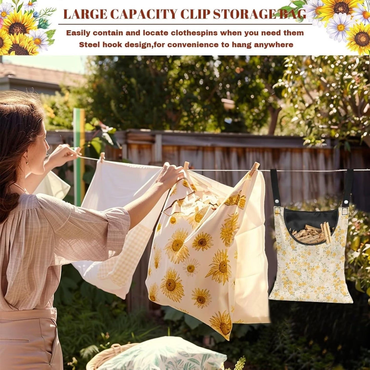 Clothespin Bag with Large Capacity for Mini and Wooden Clothespins with Large Opening Storage Organizer Laundry Hanging Bag - Floral Pattern