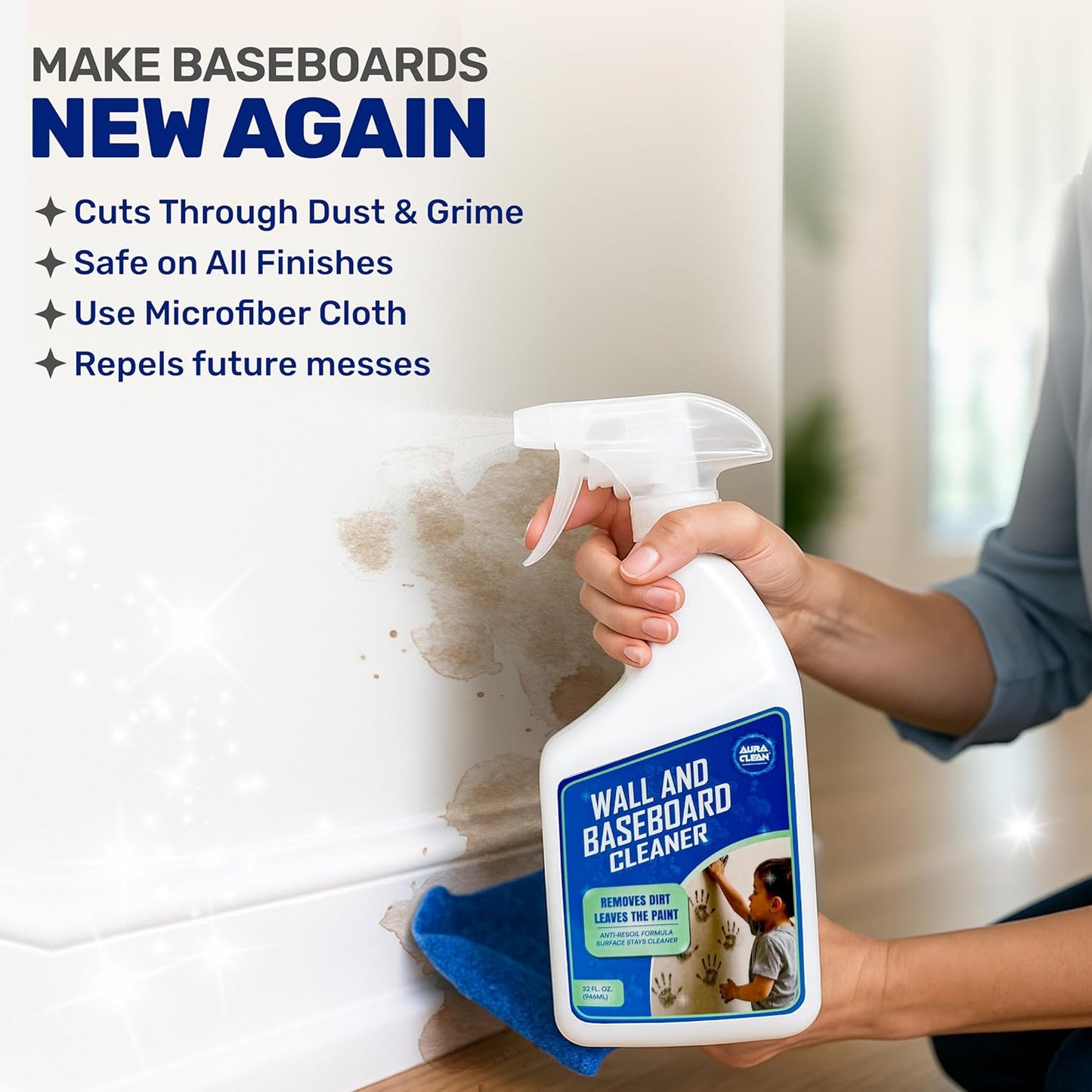 Wall & Baseboard Cleaner - Safe for Painted Walls & Trim | Eco-Friendly, No-Rinse, Kid & Pet-Safe | Anti-Resoil, Streak-Free Finish | Made in the USA | 32 oz Spray (1 Quart)
