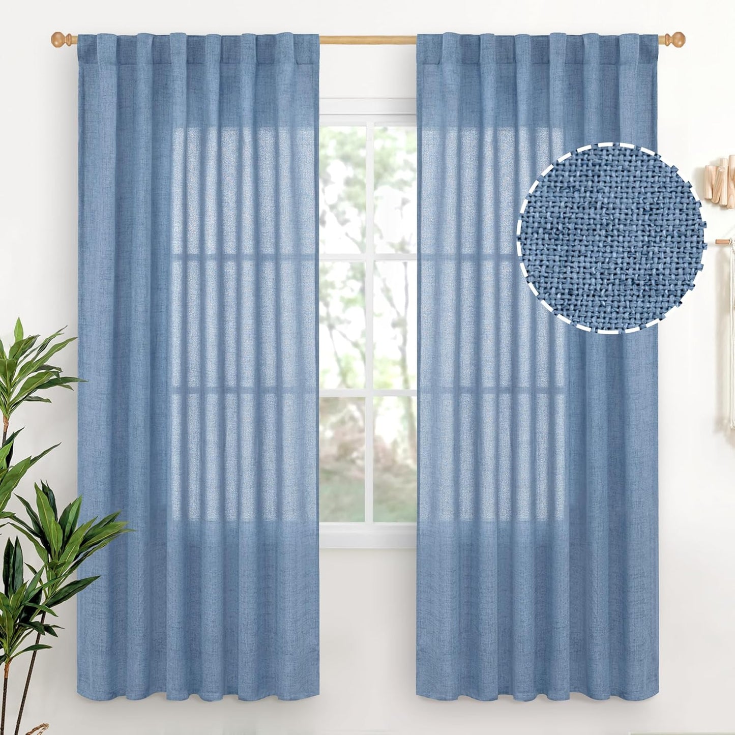 YoungsTex Denim Blue Linen Curtains 72 Inch Length for Living Room - Light Filtering Semi Sheer Drapes with Rod Pocket Back Tab Privacy Coastal for Bedroom, 2 Panels, 52 x 72 Inch
