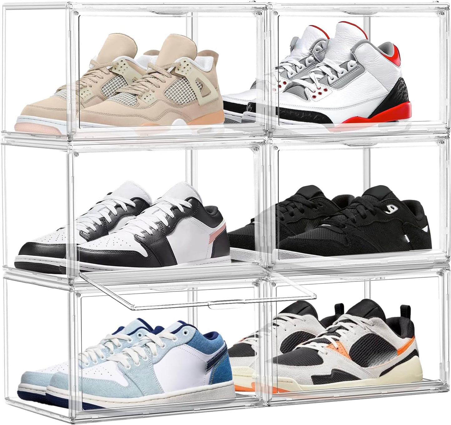 Shoe Storage 6 Pack, Acrylic Clear Shoe Storage Box Stackable Large Sneakers Display Case with Magnetic Door Hat Boxes Shoe Organizer for Closet, Fit up to US Size 13