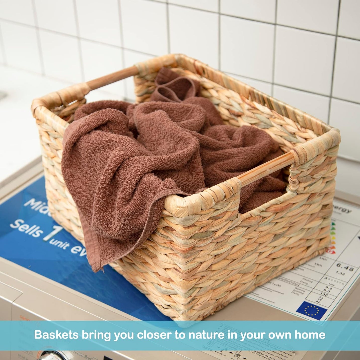 VATIMA Large Rectangular Wicker Basket with Wooden Handles for Shelves and Storage - Natural Water Hyacinth Basket for Organizing, 14.5 x 10.3 x 7.5 inches