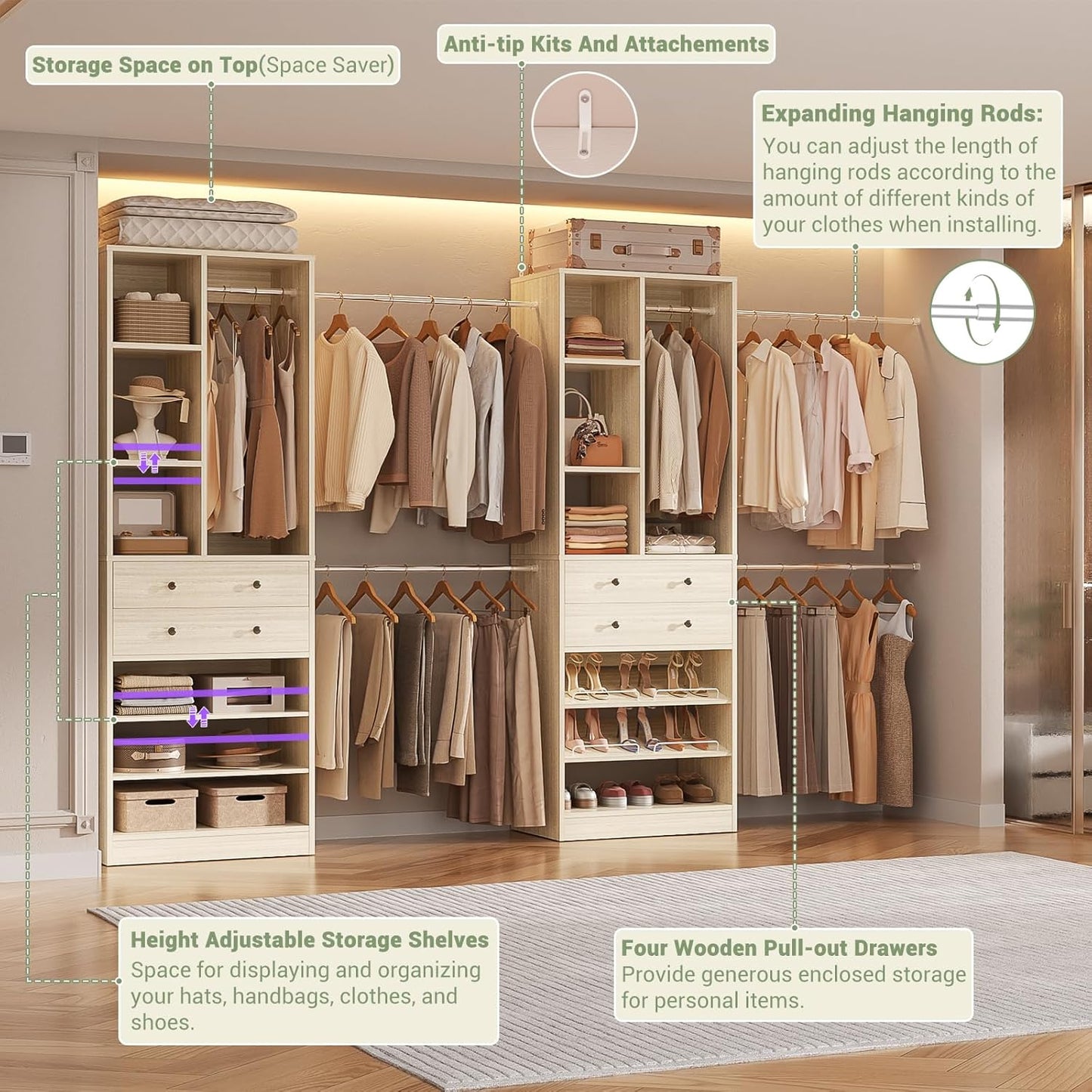 Closet System, Up to 134"/11.2 FT Closet Organizer with 4 Wooden Drawers and Shelves, Walk-in Closet System with 6 Hanging Rods, Built-in Closet Can Fit 96"/8FT, 120"/10FT, Greige Oak