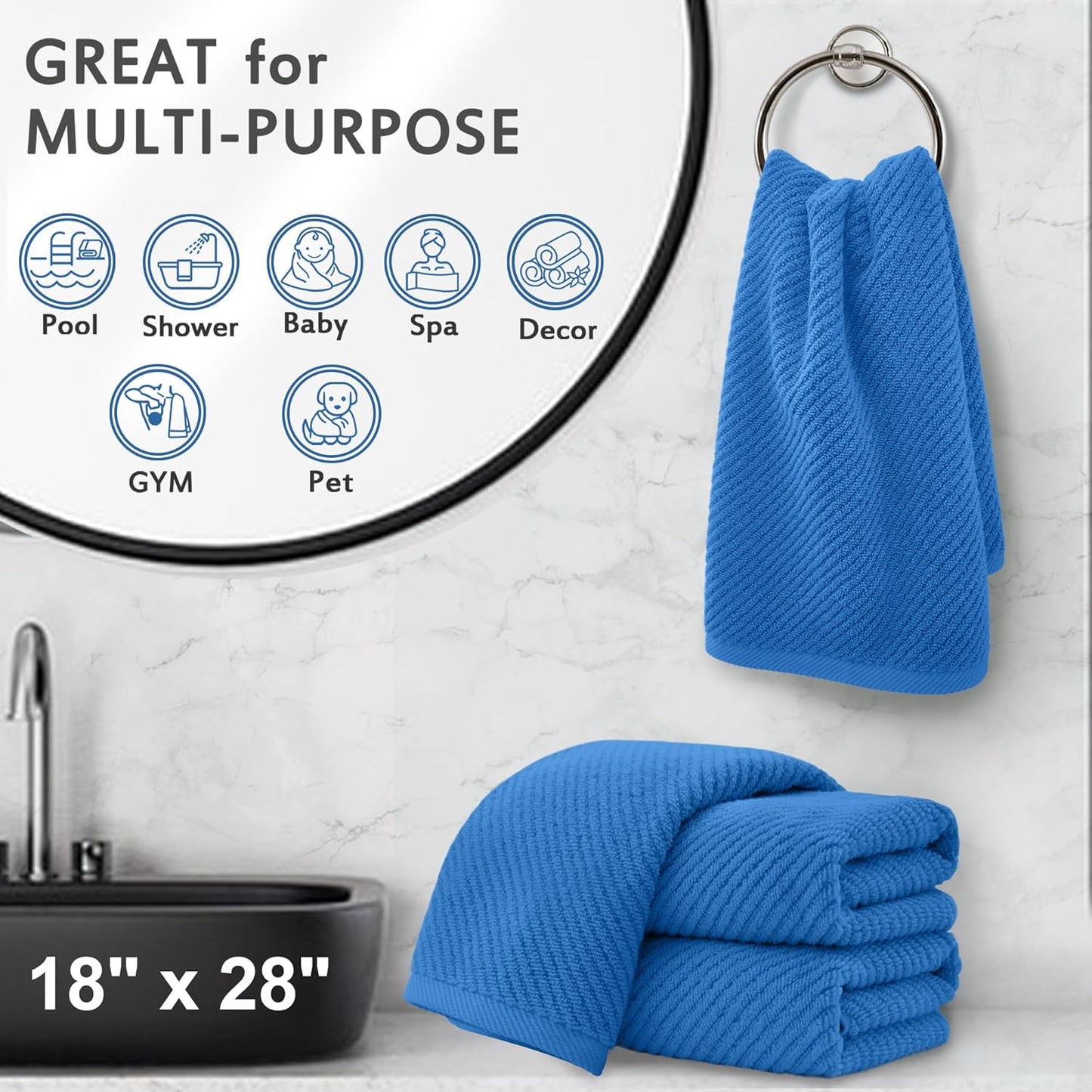 VOOVA & MOVAS Blue Hand Towels for Bathroom, 4 Pack Large 18"x28" - 100% Cotton | Quick Dry | Thick | Soft | Lightweight, Bathroom Hand Towels, Luxury Towel Gift Set, Denim Blue