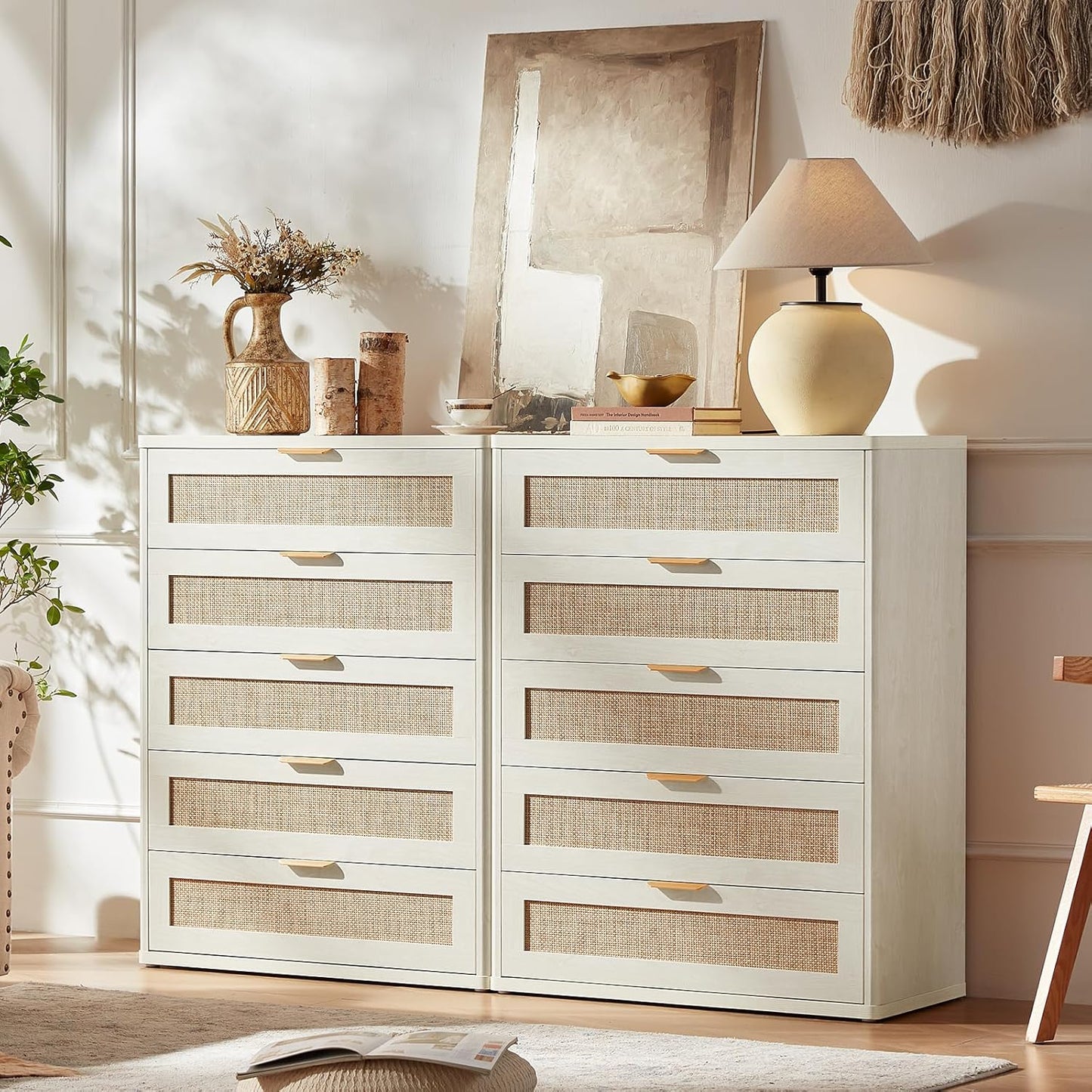 LEYAOYAO White Dresser for Bedroom, 41" Tall Chest of Drawers, Modern 5 Drawers Boho Rattan Dressers with Storage, Dresser Wooden Closet Organizer for Living Room, Hallway