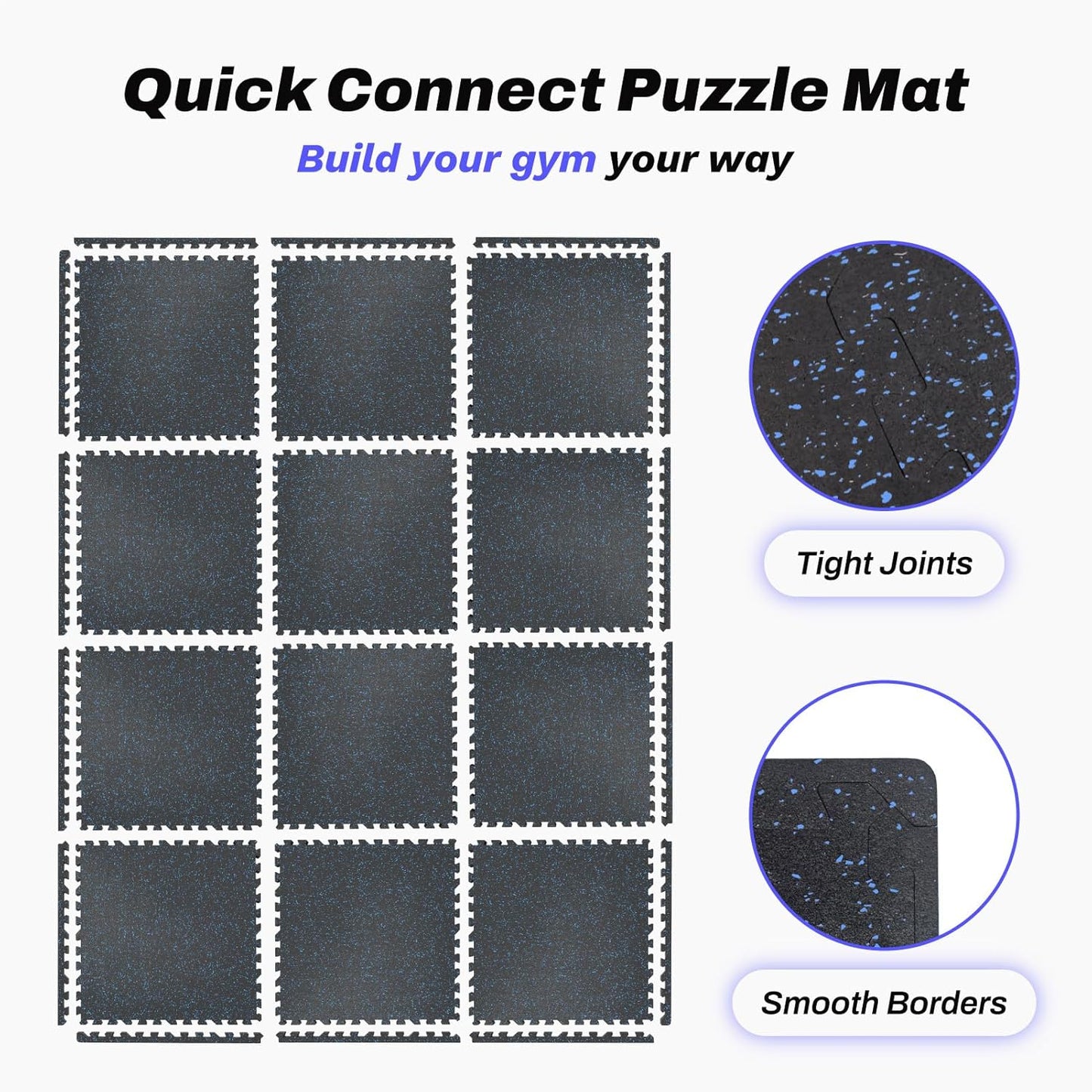 AIRHOP 0.56in Thick 48 Sq Ft Exercise Equipment Mats, 12 Tiles Upgraded Rubber Top with High Density EVA Foam, Large Interlocking Puzzle Gym Flooring for Home Gym, Heavy Weight Workout,Black & Blue