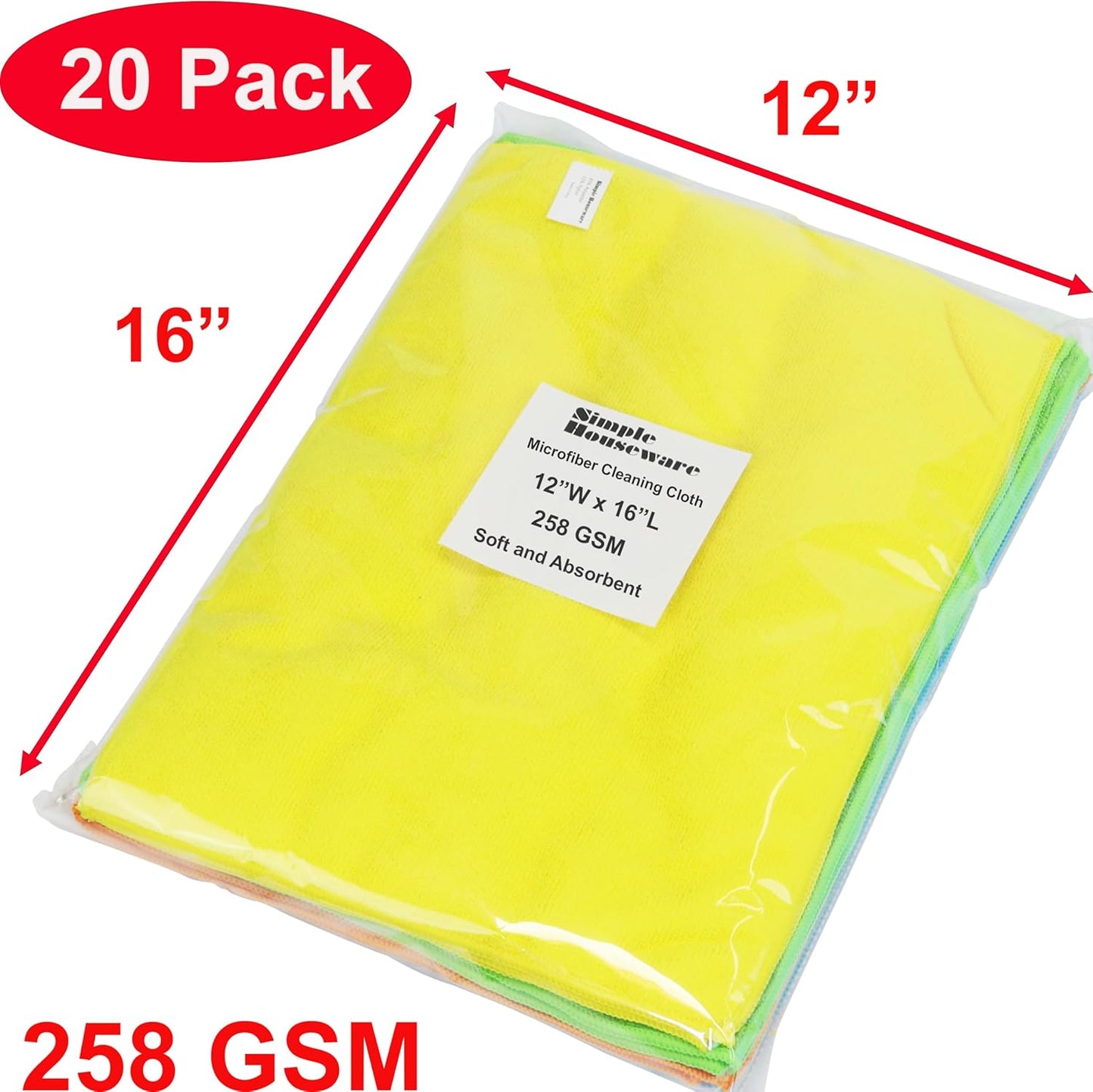 Simple Houseware Microfiber Cleaning Cloth 20 Pack, 12" x 16", 4 Colors