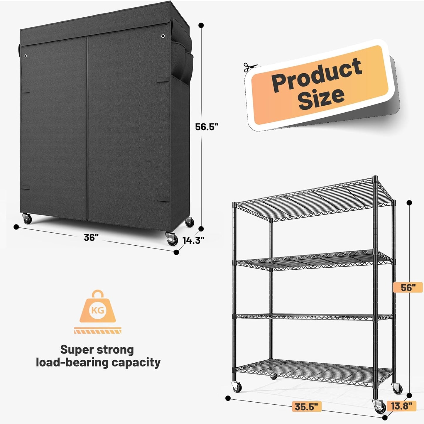 REIBII 4-Tier Storage Shelves Wire Shelving Unit with Cover & Wheels, Heavy Duty Metal Shelving for Dorm Storage Shelves, Garage Storage Rack Commercial Shelf, 36" W*14.3" D*56.5" H
