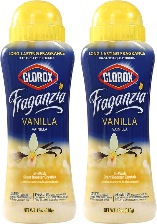 Clorox Fraganzia Laundry Scent Booster Crystals in Vanilla Scent - Scented In-Wash Freshener Beads for Fresh, Clean, Great Smelling Clothes and Linens, 18 Oz - 2 Pack