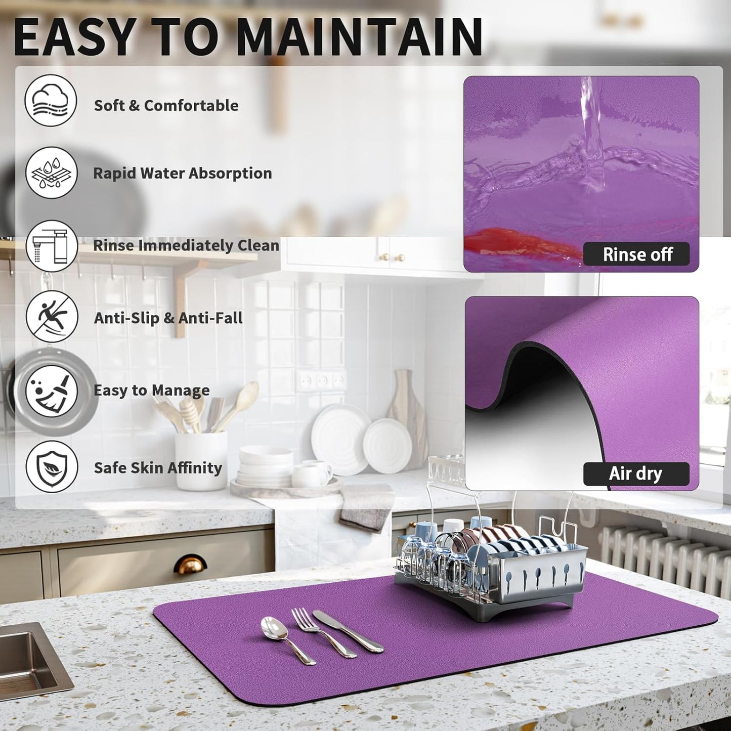Dish Drying Mat for Kitchen Counter, Heat Resistant Drainer Mats with Non-slip Rubber Backed, Hide Stain Kitchen Super Absorbent Draining Mat, Easy to Clean Dish Rack Pad, Purple 16"x20"