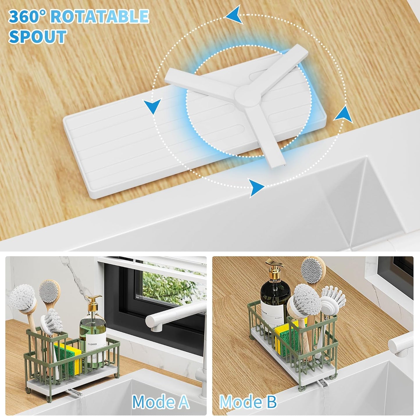 Cisily Sage Green Sponge Holder for Kitchen Sink, Sink Caddy Organizer with High Brush Holder, Kitchen Countertop Organizers and Storage Essentials, Rustproof 304 Stainless Steel, Soap Dispenser