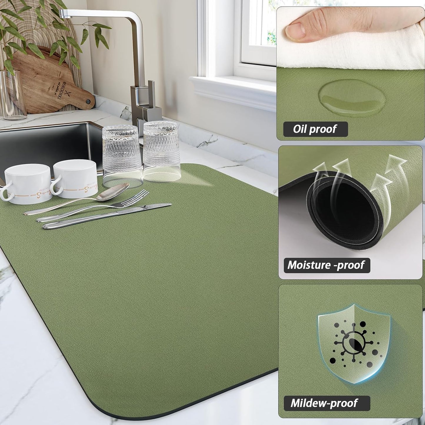 Dish Drying Mat for Kitchen Counter, Heat Resistant Drainer Mats with Non-slip Rubber Backed, Hide Stain Kitchen Super Absorbent Draining Mat, Easy to Clean Dish Rack Pad, Green 18"x24"