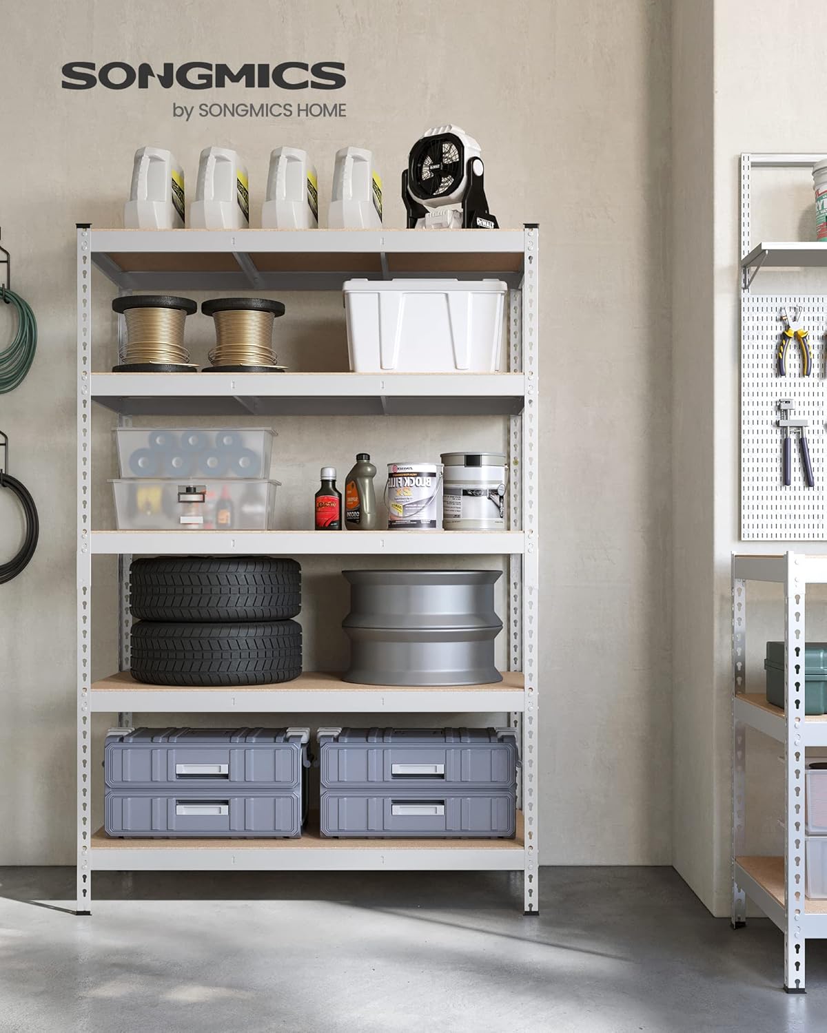 SONGMICS 5-Tier Storage Shelves, Load 2310 lb, Set of 2 Garage Storage, Boltless Assembly, Adjustable Shelving Unit, 23.6 x 47.2 x 70.9 Inches, for Study Shed Basement, Silver UGLR600E02