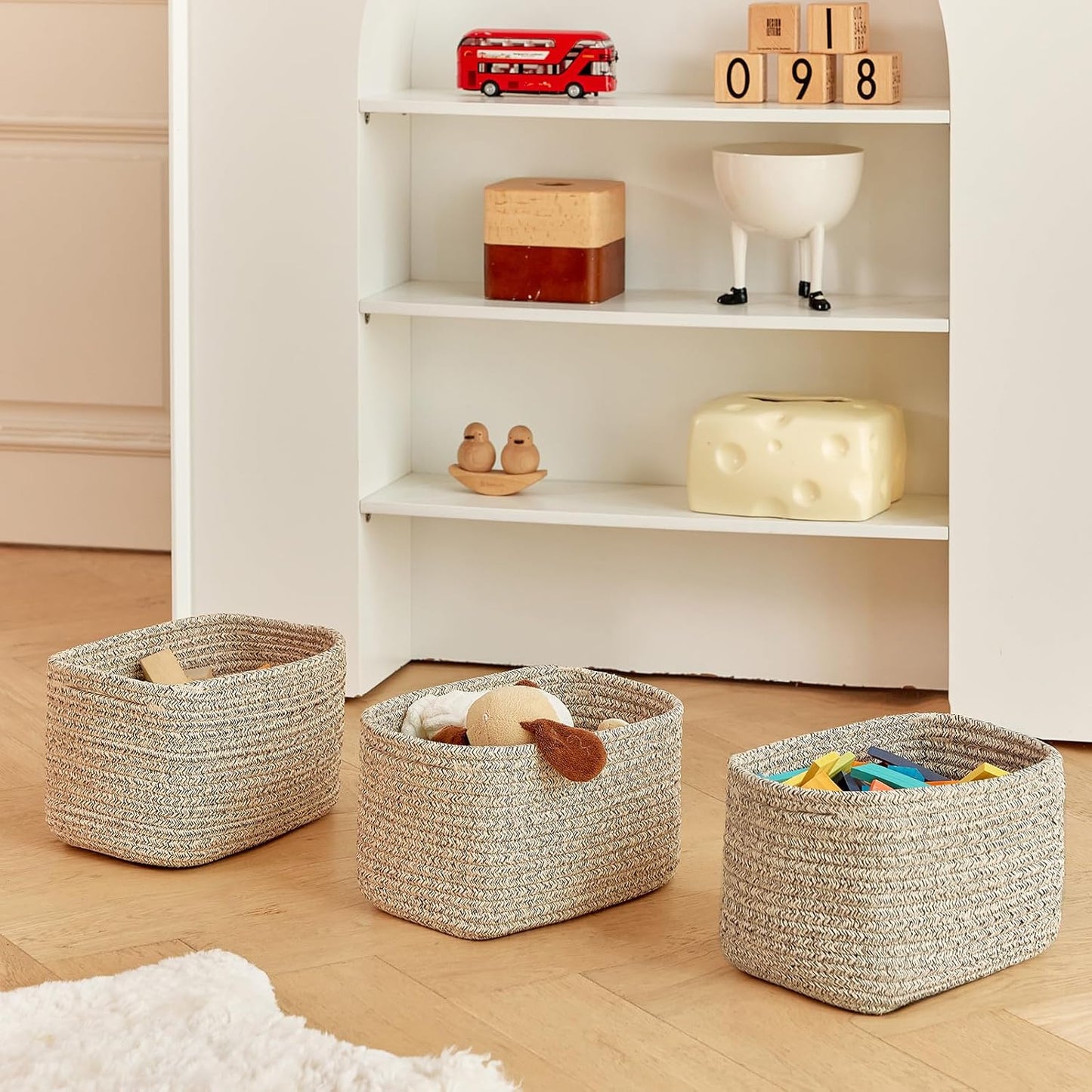 Small Cotton Rope Basket – Storage Bin for Organizing (10.6" x 6.7" x 6.7"), Bathroom Storage Basket for Shelf, Counter & Closet（Beige）