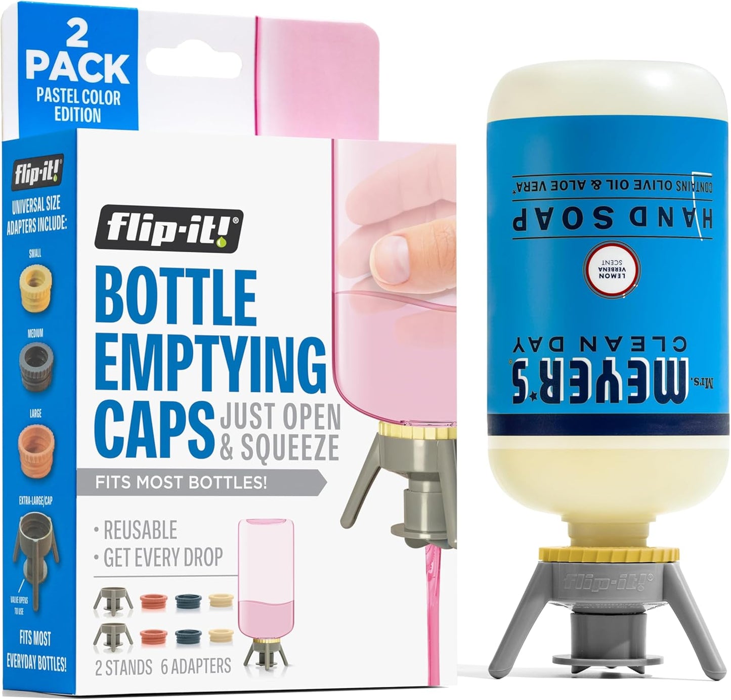 Flip-It! 2-Pack Premium Bottle Emptying Kit – No more wasted product - Fits most plastic bottles – Get out every drop of Shampoos, Lotions, & More – 2 Base Caps, 6 Adapters – Pastel Color Edition