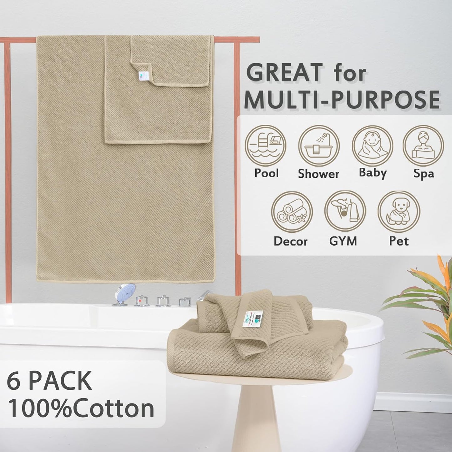 VOOVA & MOVAS Tan Bath Towels - 100% Cotton | Lightweight | Soft | Thick, 2 Bath 30"x56", 2 Hand 18"x28", 2 Washcloths 13"x13", Quick Dry Towels for Showering, Luxury Towel Gift Set, Dark Beige