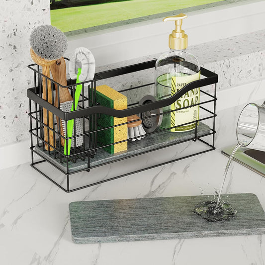 Sponge Holder for Kitchen Sink, Stainless Steel Sink Caddy and Drying Rack with Absorbent Stone, Rustproof Kitchen Organizer for Sponge, Brush, Soap,Space-Saving Countertop Accessory
