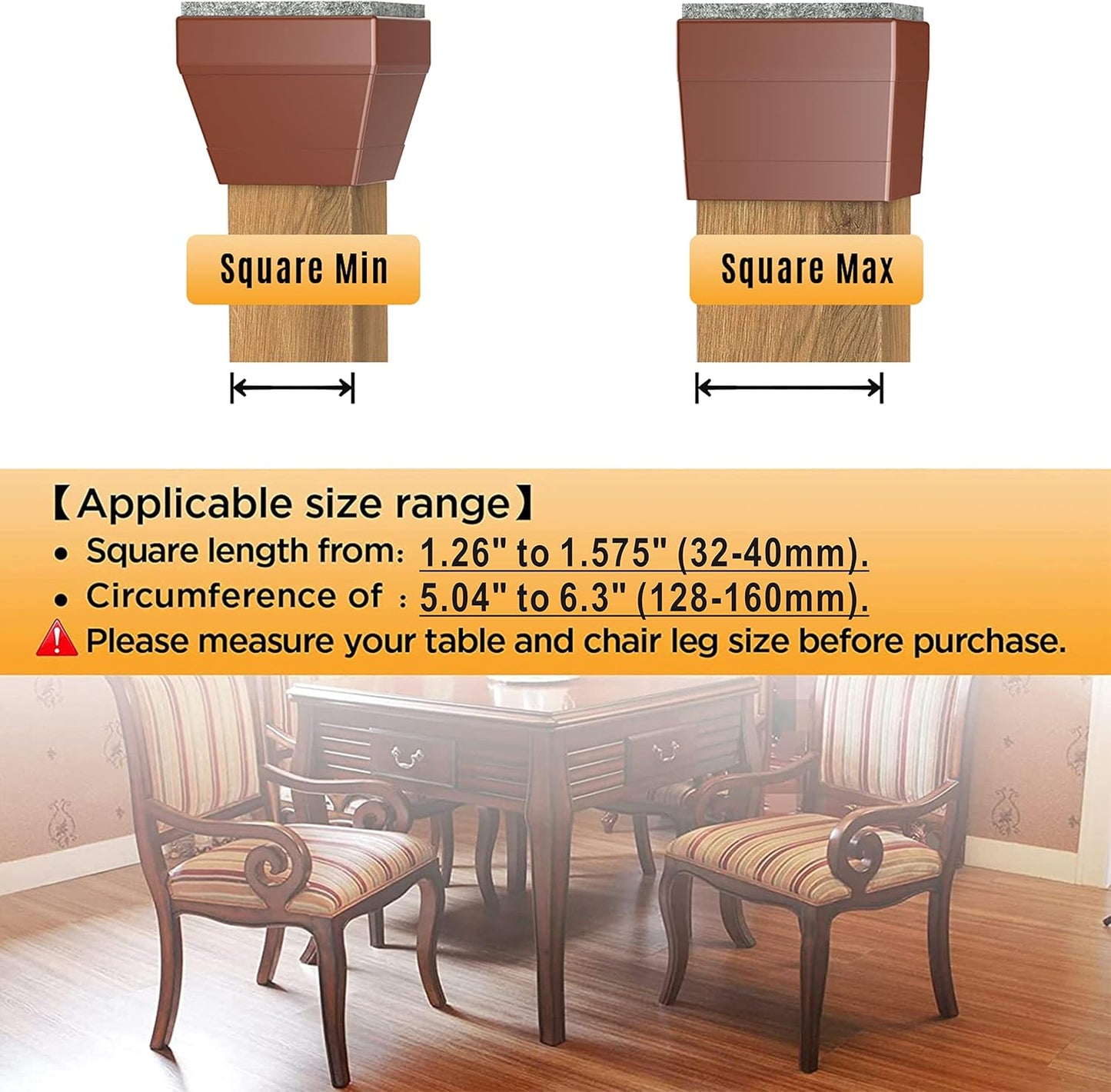 Square Chair Leg Protectors for Hardwood Floors, 16 Pcs Silicone Felt Furniture Leg Cover,(Brown 1 1/2").