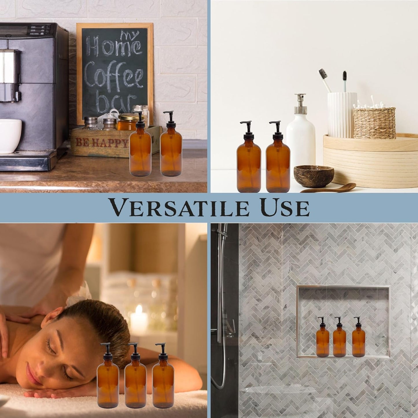 Cornucopia 8oz Glass Pump Bottles (4-Pack, Amber Brown), Lotion Soap Dispensers w/Black Plastic Pumps