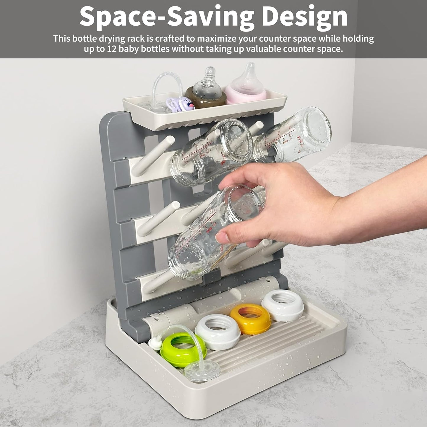 Baby Bottle Drying Rack, Vertical Standing Bottle Dryer Rack Holder-Space Saving Baby Bottle Drying Rack for Countertop-Holds Up to 12 Baby Bottles & Cup(Gray & Khaki)