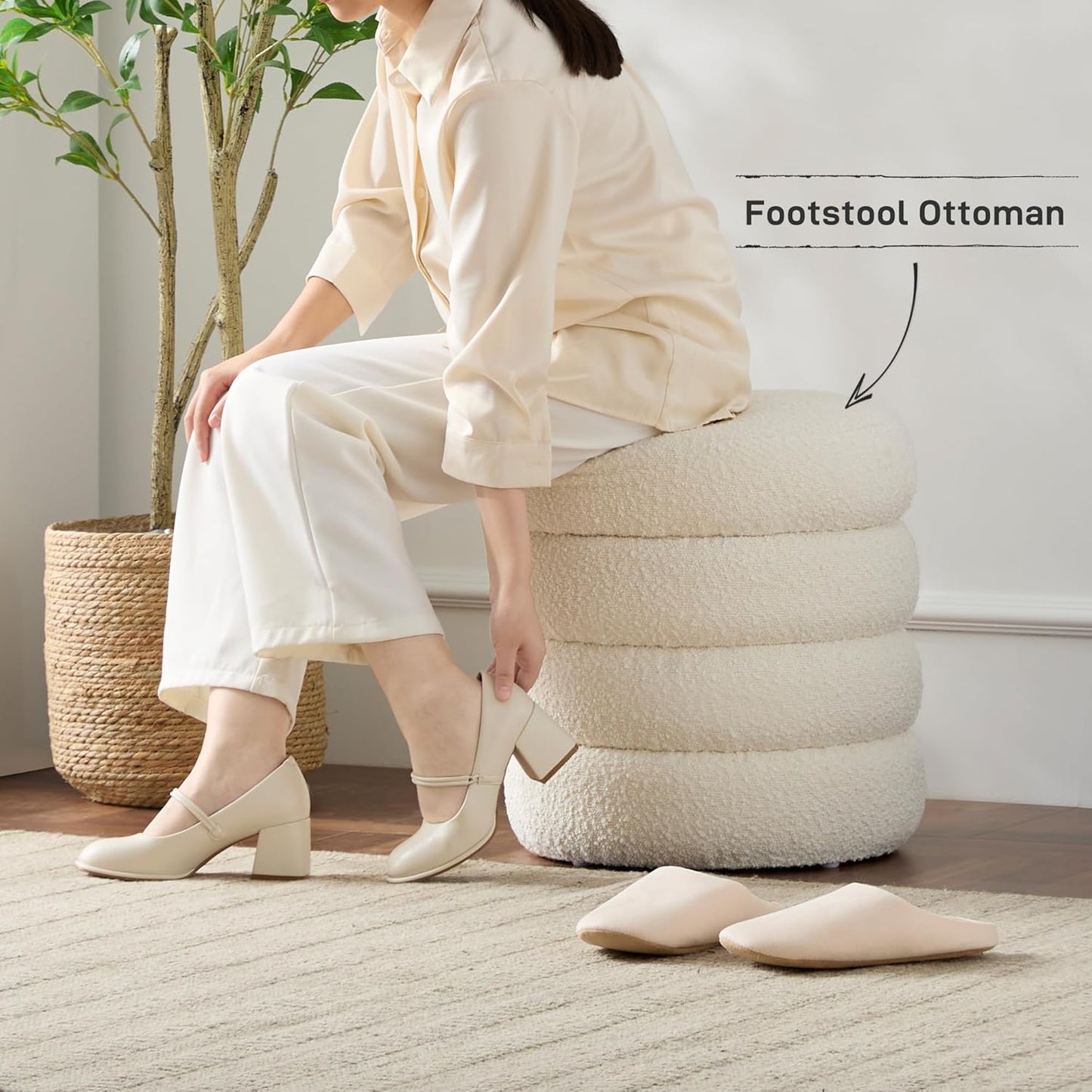 Round Ottoman with Storage Boucle Ottoman Stool with Storage Removable Lid for Living Room Modern Vanity Sorage Stool Foot Rest Bedroom Dorm Gifts Set of 2 (White)