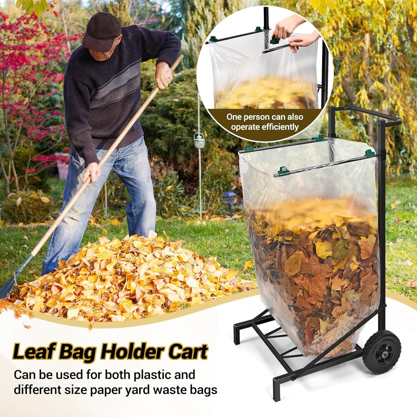 CAROD Trash Bag Holder, Adjustable Metal Leaf Bag Holder from 30-45 Gallon Capacity, Mobile Garbage Bags Cart, Outdoor Garden Leaf Bags Stand for Yard & Lawn Cleanup, Gardening, Camping, Parties