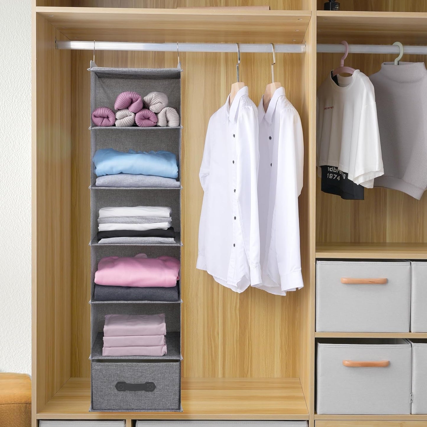 Large Hanging Sweater Organizer for Closet,Collapsible 6-Shelf Hanging Closet Shelves with Drawers, Washable (Grey-6 Shelf-1 d)