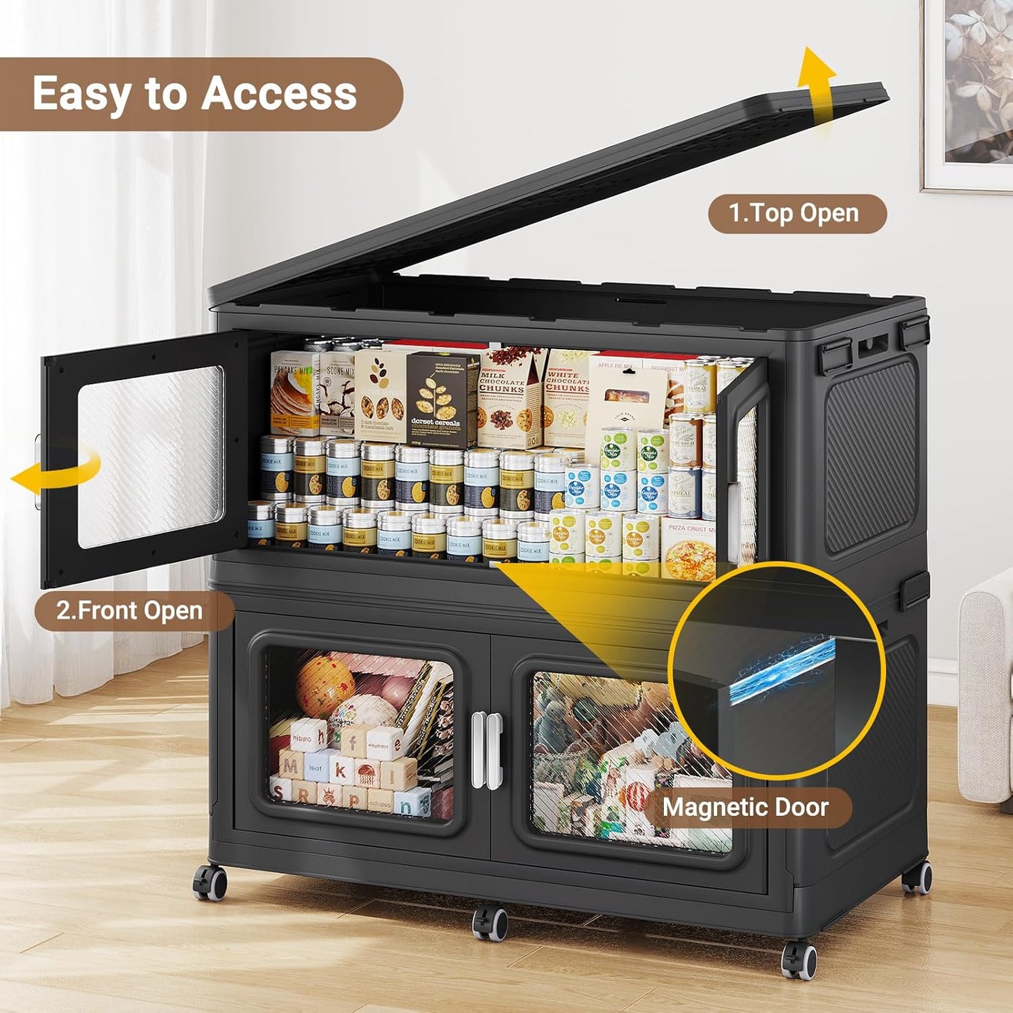 BROVIEW 220 Qt Stackable Storage Bin with Lids, 55Gal Extra Large Collapsible Storage Boxes, Folding Plastic Drawer, Heavy-Duty Store Cabinet, Closet Organizer for Home Kitchen, 1 Pack Black