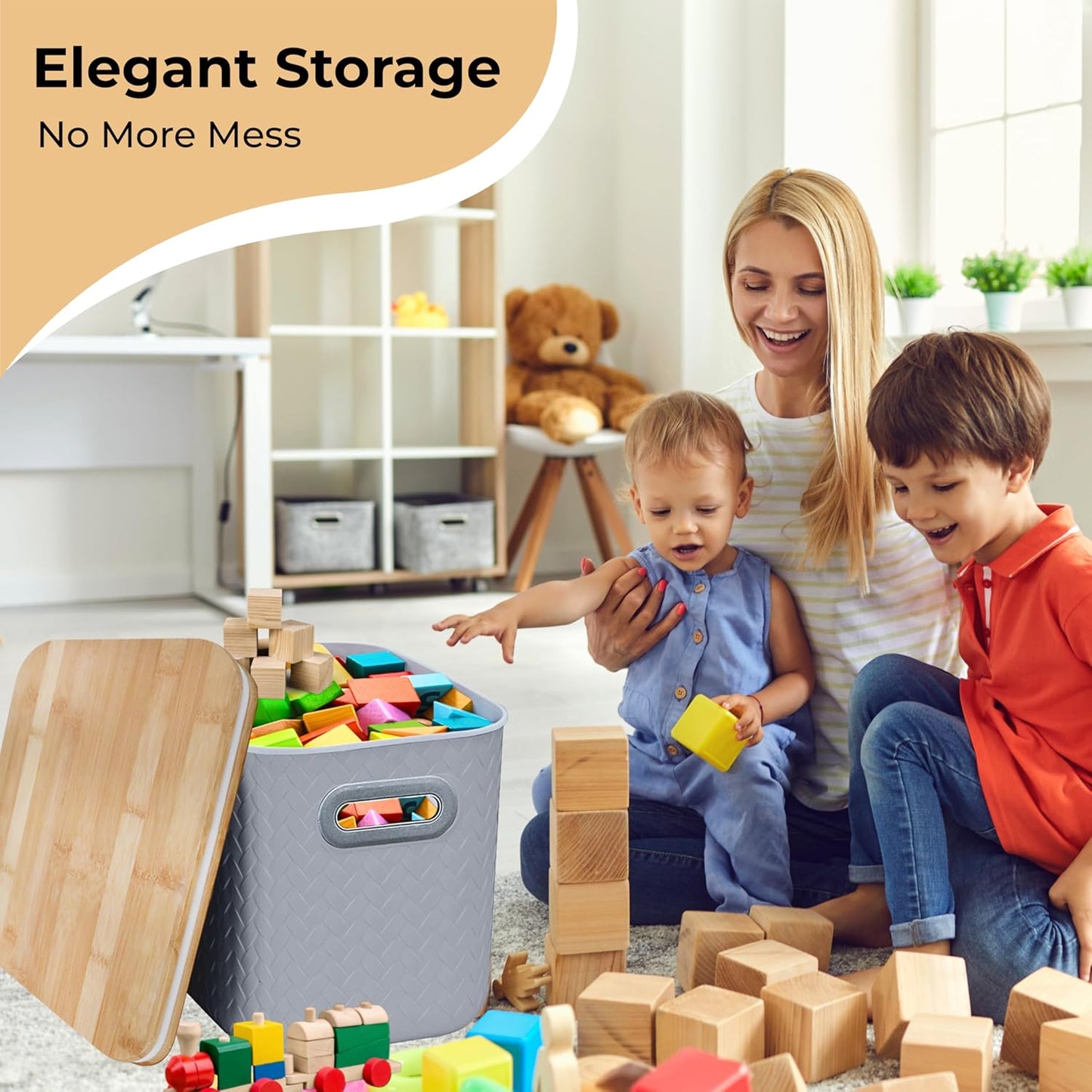 Storage Bins with Bamboo Lid – Stackable, Multi-Purpose Organizers for Pantry, Closet, Kitchen, and Home – Elegant Wicker-Style Design with Ergonomic Handles (Grey)