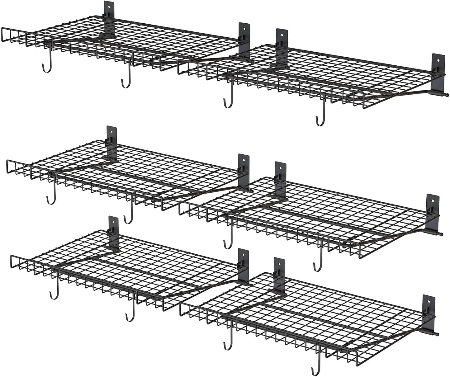 6 Pack Foldable Wall Shelf, Wall Mounted Garage Storage Shelves, Heavy Duty Wall Shelving Supports Up To 270 LBS. Floating Shelves With 12 Hooks Metal Storage Rack for Office, Kitchen and Laundry Room