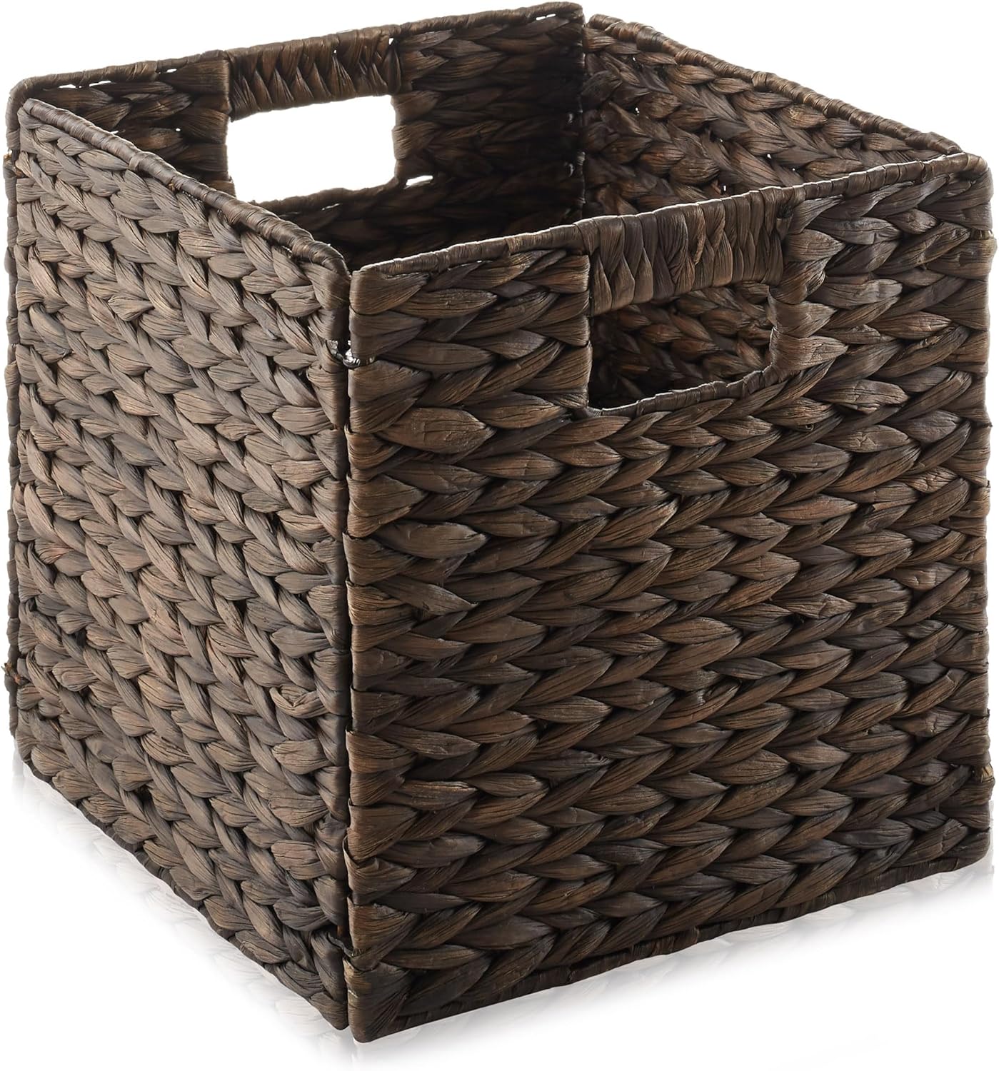 Casafield 10.5" x 10.5" Water Hyacinth Storage Baskets, Espresso - Set of 2 Collapsible Cube Organizers, Woven Bins for Bathroom, Bedroom, Laundry, Pantry, Shelves