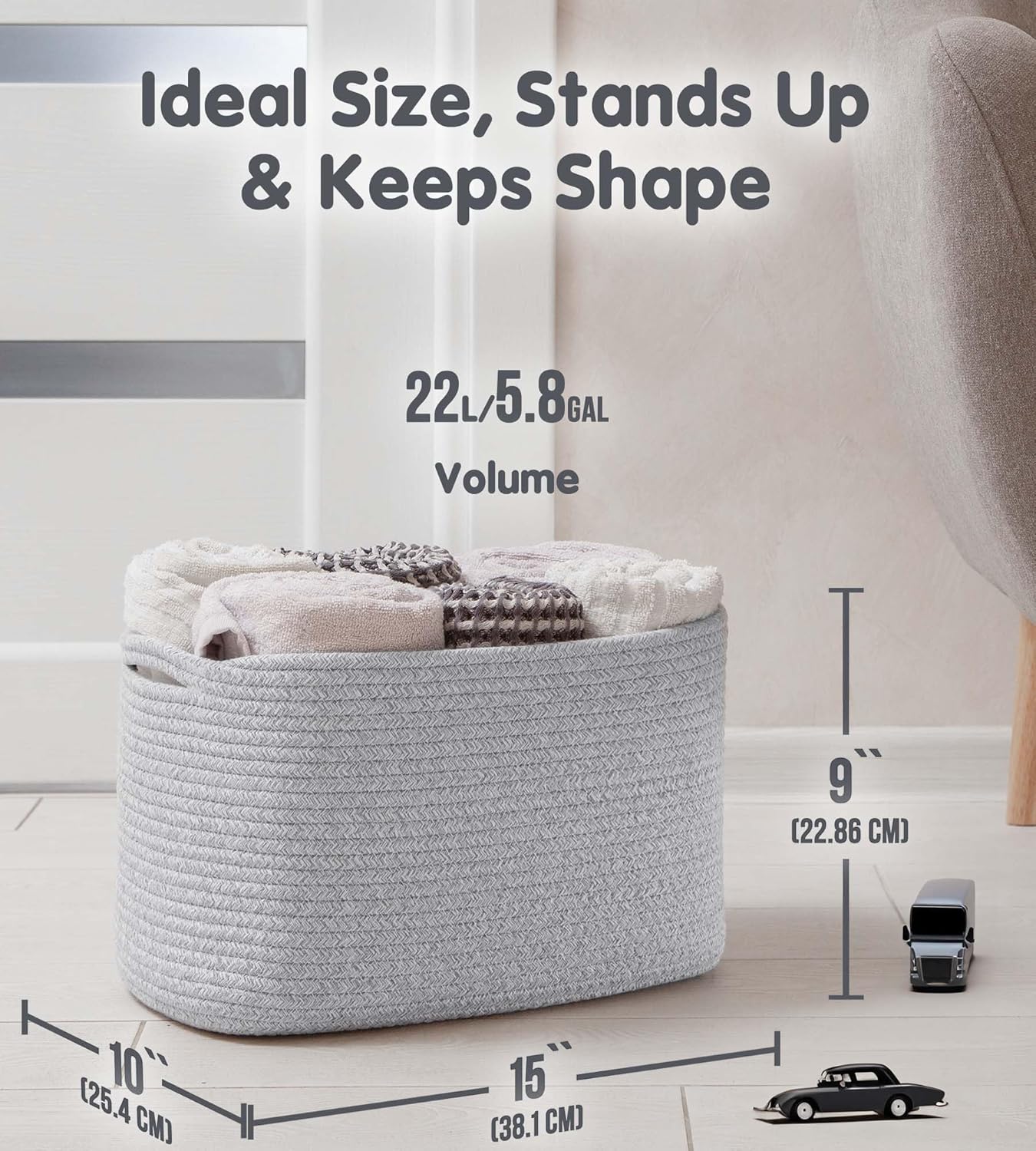 CHAT BLANC Cotton Rope Baskets for Organizing | Storage Baskets for Shelves | Rope Basket for Storage, Small Laundry Baskets, Woven Baskets for Storage, Dog Toy Bin, Baby Basket, Gray 3 Pack