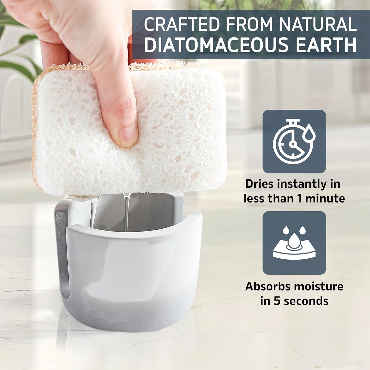 MOPHONICHOME Sponge Holder, Stone Sponge Holder for Kitchen Sink - Diatomite Kitchen Sink Caddy, Quick Dry, Super Absorbent, Modern Design, Grey