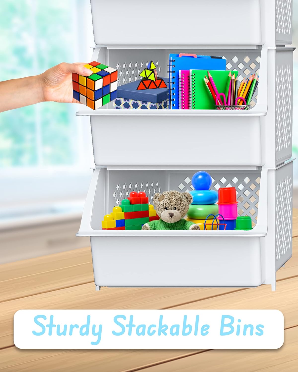 Skywin TidyFriend Plastic Stackable Storage Bins for Pantry, 3 Pack White Stackable Bins For Organizing Food, Kitchen, and Bathroom Essentials (White)