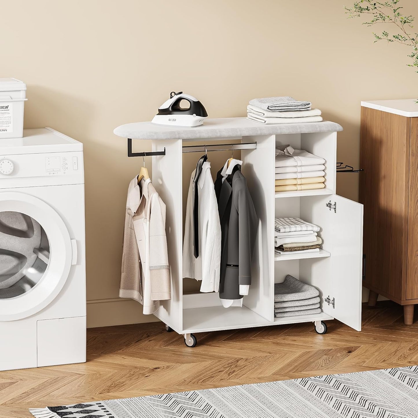 Rolling Ironing Board with Storage Cabinet, Multipurpose Wooden Ironing Cabinet with Wheels, Ironing Table with Heat-Resistant Sponge