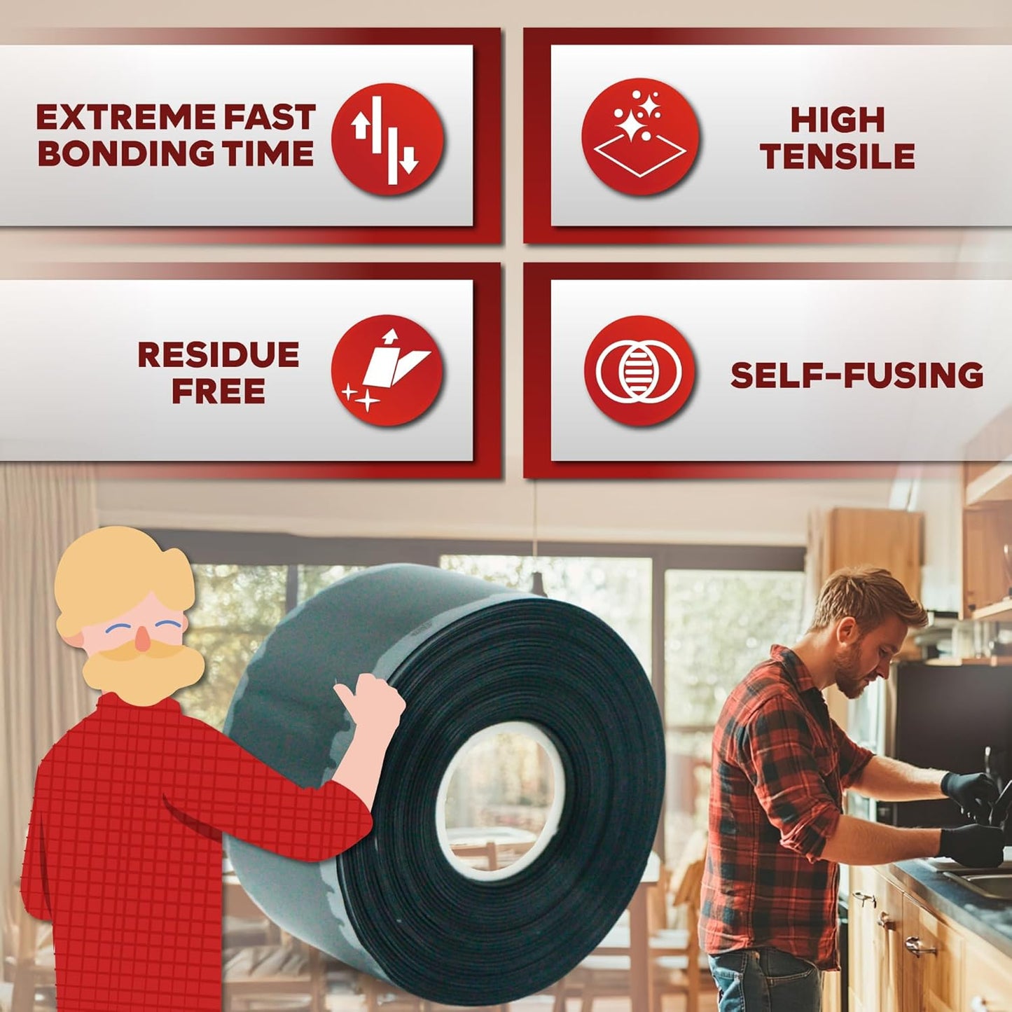 XFasten Self Fusing Silicone Tape Waterproof Black – 1" x 36 Feet (3-Pack 108ft), Self Amalgamating Tape, Silicone Rubber for Plumbing, Sealing Pipes, Hose Repair, Outdoor Coax and Electrical Cables