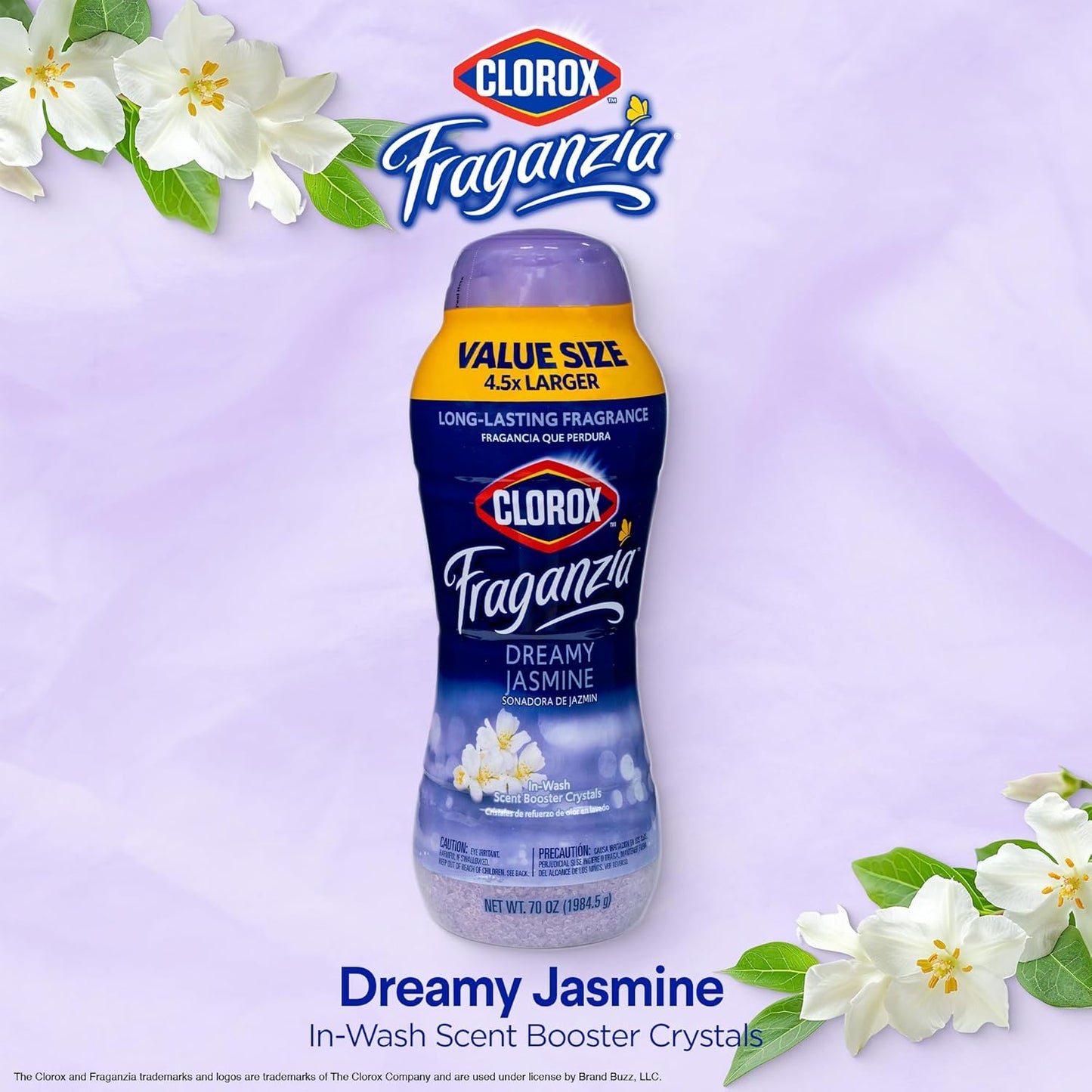 Clorox Fraganzia Laundry Scent Booster Crystals in Dreamy Jasmine Scent - Scented In-Wash Freshener Beads for Fresh, Clean, Great Smelling Clothes and Linens, 70 Oz