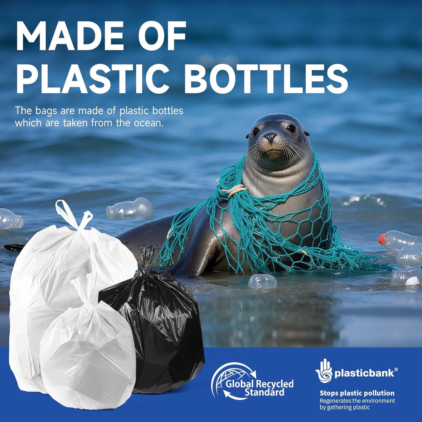 Small Trash Bags with Handles 2.6 Gallon 200 Count White - Ocean Plastic Upcycling - Plastic Garbage Bags, Can Bin & Waste Basket Liner for Kitchen, Bathroom, Office and Pets