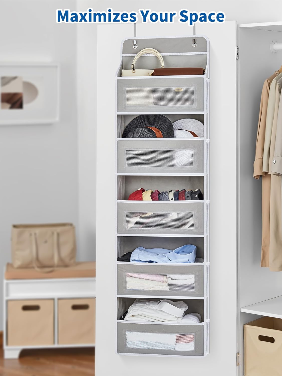 JARLINK 2 Pack Over The Door Organizer, 5 Shelf Door Hanging Organizer with 5 Large Pockets, 44 lbs Weight Capacity Hanging Storage for Bathroom, Bedroom, Nursery, RV, Pantry (Light Grey)