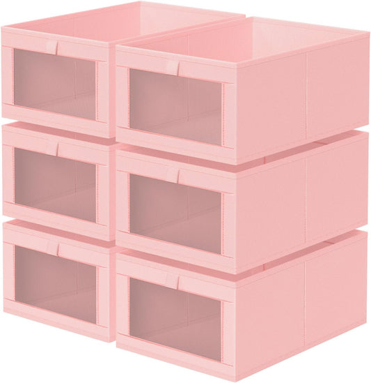 Criusia 6 Pack Linen Closet Organizers and Storage, Large Linen Closet Baskets for Organization, Foldable Storage Containers for Clothing, Towels, Jeans, Books, Shelves, Pink
