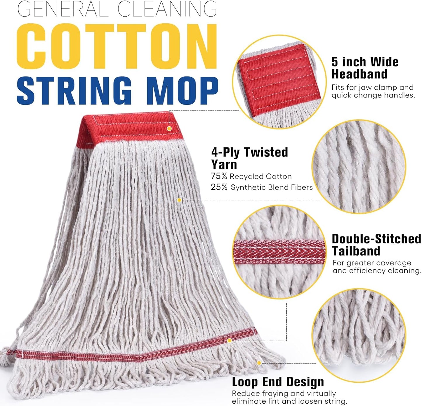 Matthew Cleaning Commercial Mop Head Replacement, 5 Inch Wide Headband, Looped End Cotton Blend String Wet Mops for Floor Cleaning, 18 oz Medium, 6-Pack White