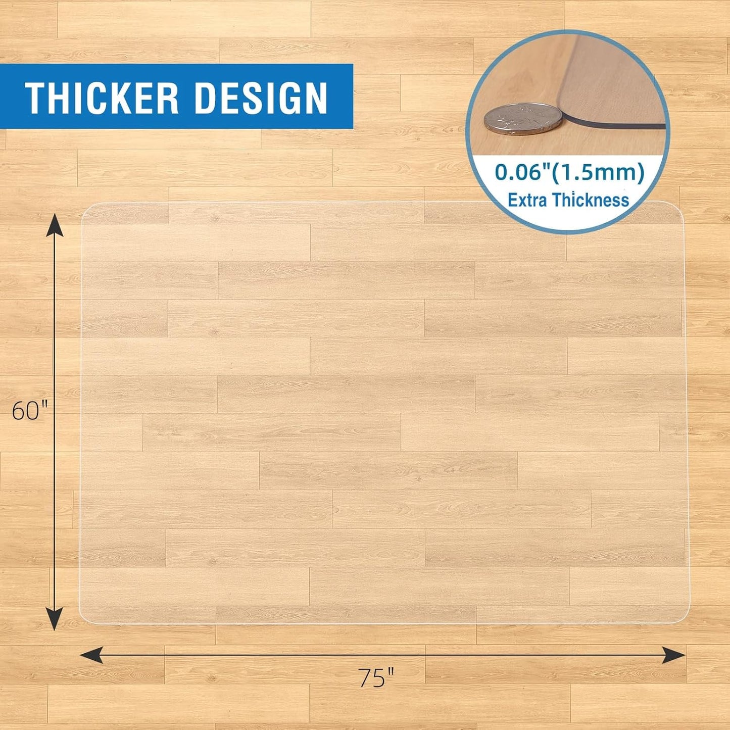 Clear Chair Mat, 75" x 60" Large Chair Mat for Hard Floors, Anti-Slip Desk Mat for Rolling Chair, Easy Glide Vinyl Floor Mat for Home Office Living Room, Clear