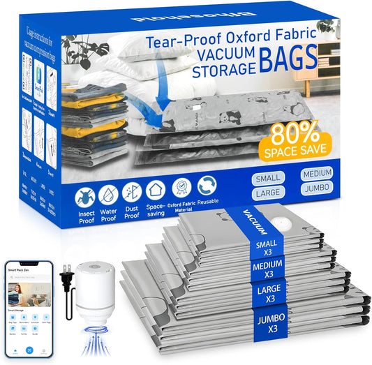 Heavy Duty Space Saver Vacuum Storage Bags with Pump & Smart Storage App, Reusable Oxford Fabric Vacuum Seal Bags for Bedding, Clothing, Blankets, Comforters & Travel Luggage(12 Pack)