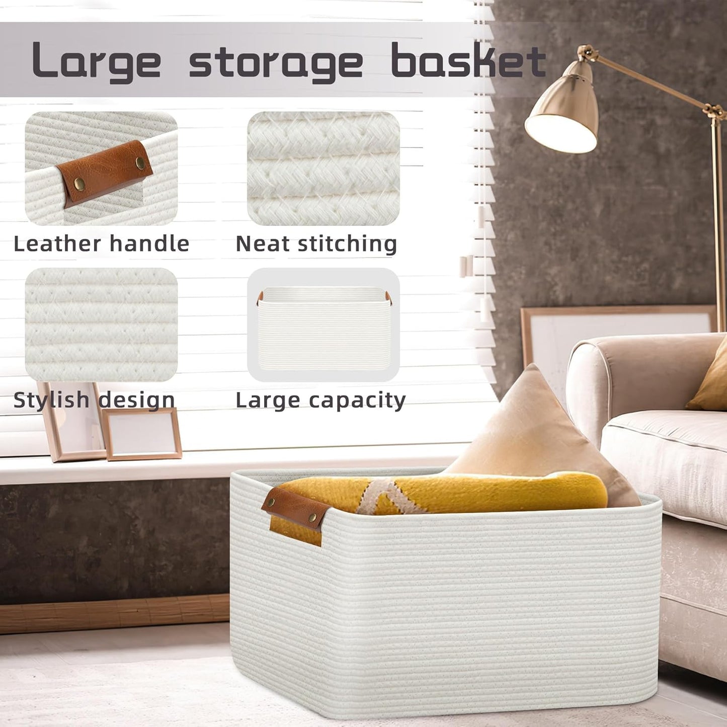 Large Collapsible Laundry Basket, Clothes Hamper for Blanket, Toy, Towels, Woven Baskets for Storage, Nursery Home Decor Living room 21.6" x 15" x 11.8" White